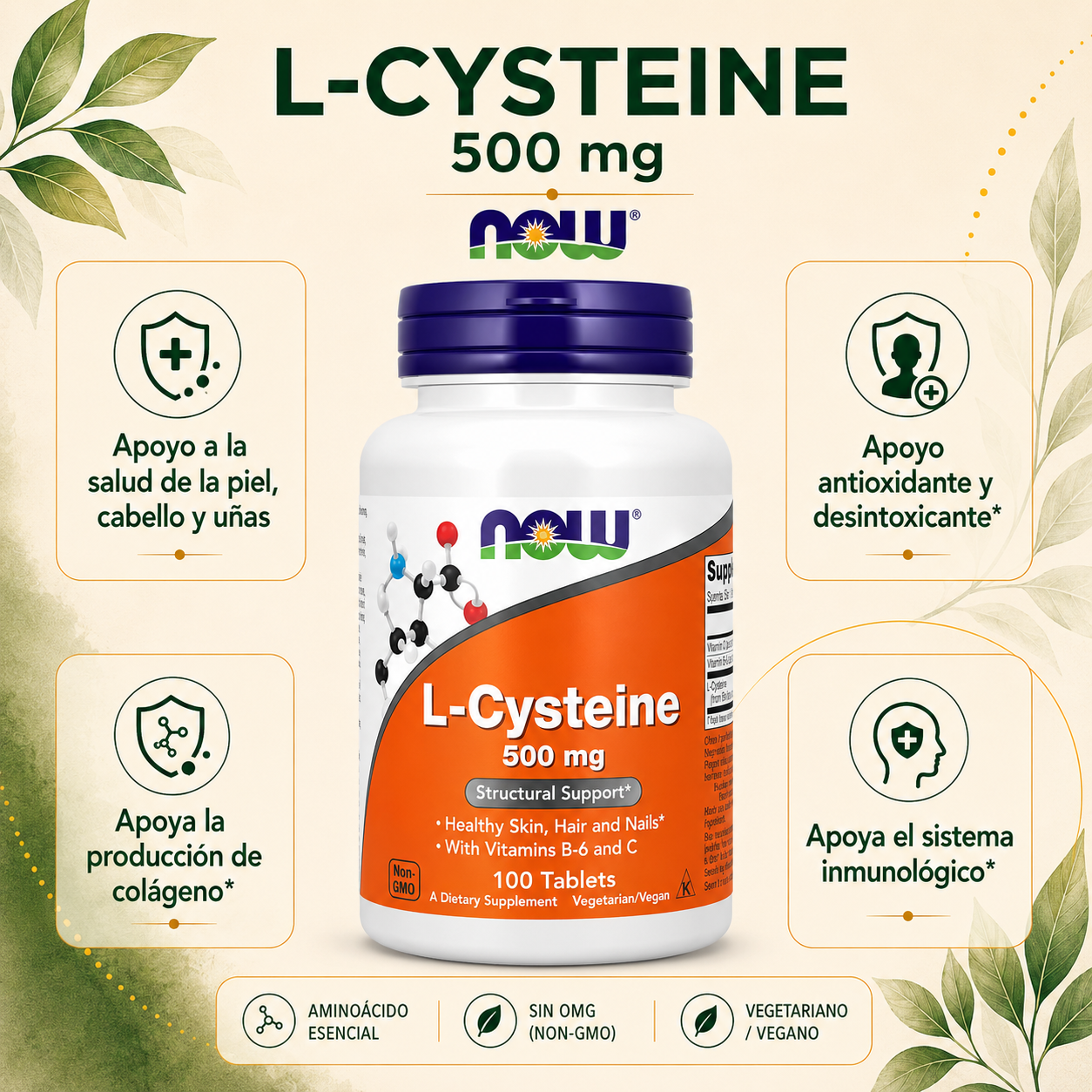 L-Cisteína 500 mg x 100 tabletas - NOW Foods