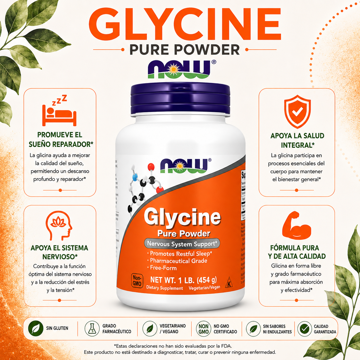 Glicina pura en polvo 454 g - NOW Foods