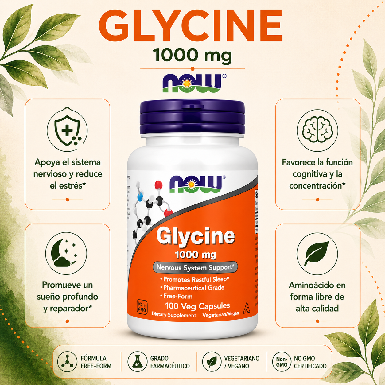 Glicina 1.000 mg x 100 cápsulas vegetales - NOW Foods
