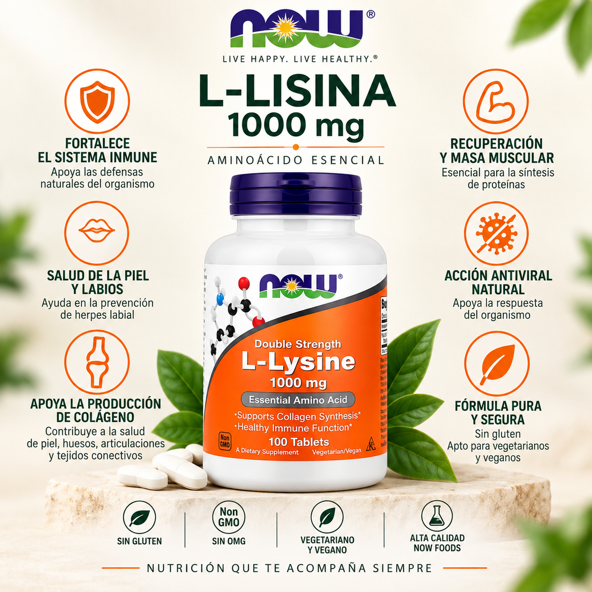 L-Lisina 1.000 mg x 100 tabletas - NOW Foods
