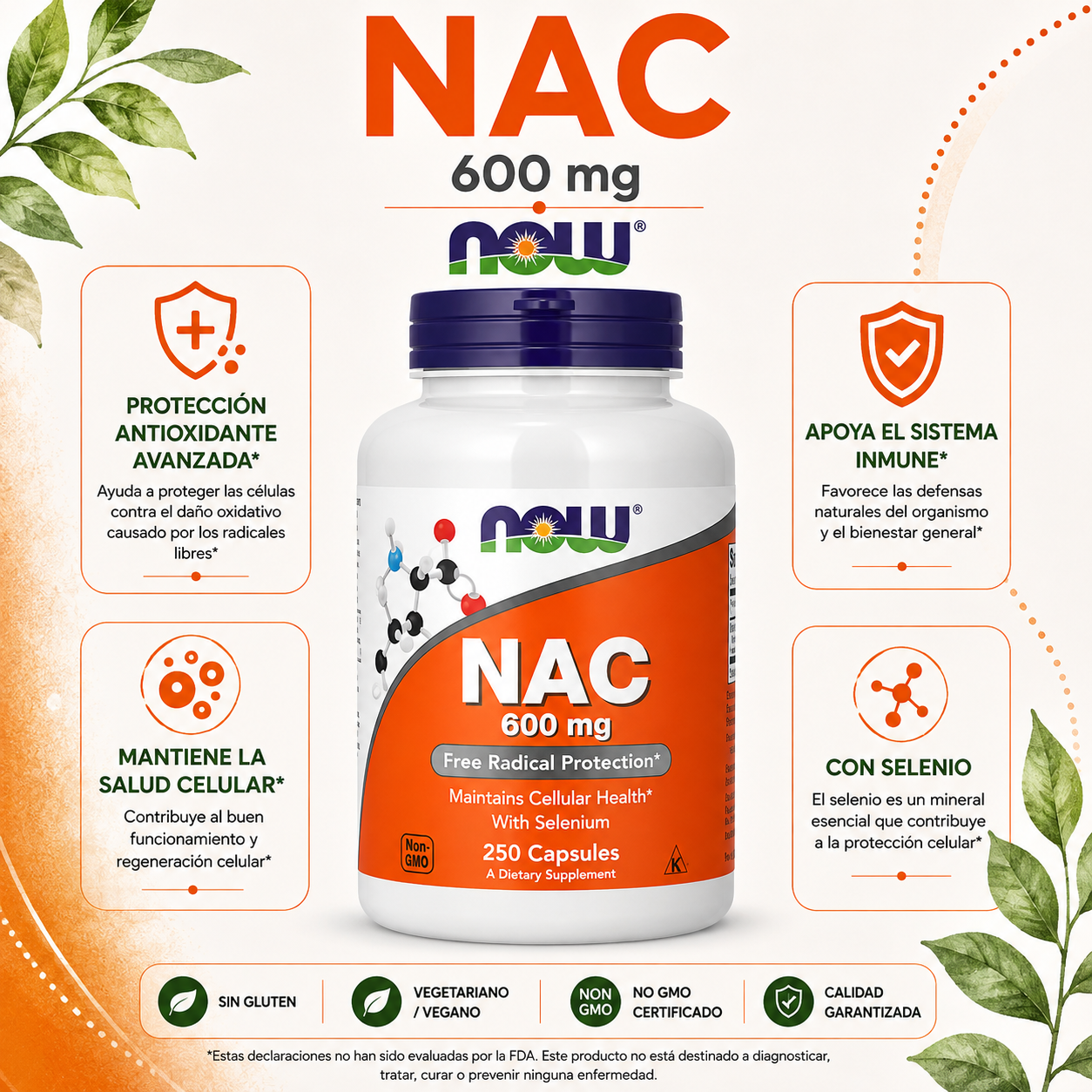 NAC 600 mg x 250 cápsulas - NOW Foods
