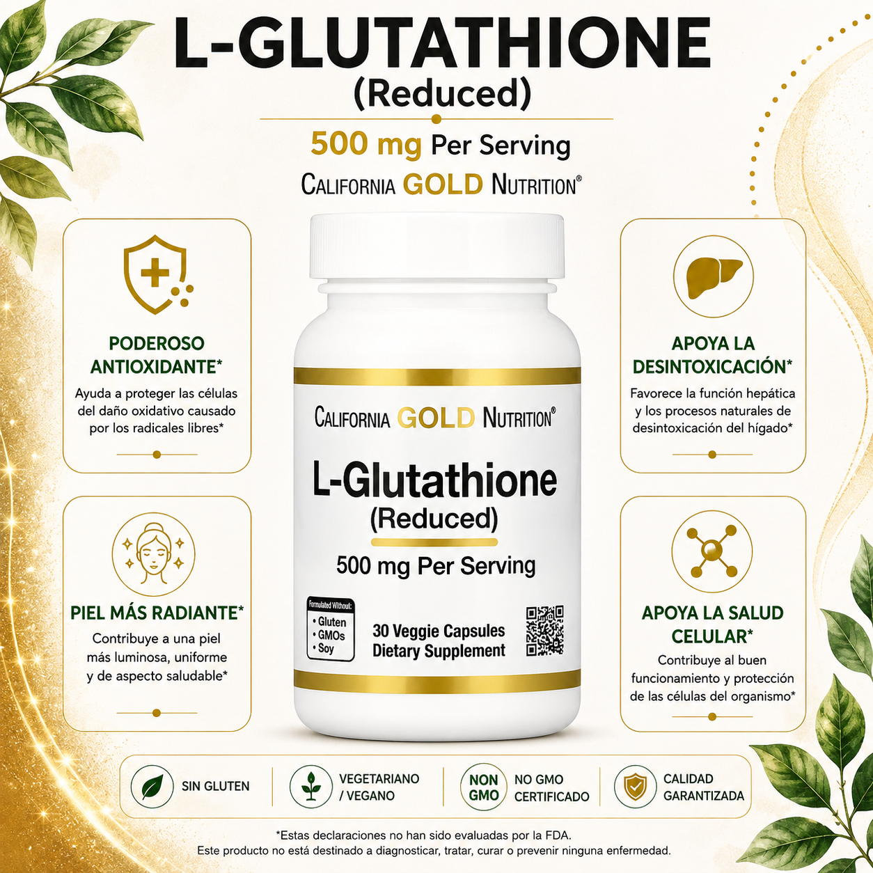 L-Glutatión reducido 500 mg x 30 cápsulas vegetales - California Gold Nutrition