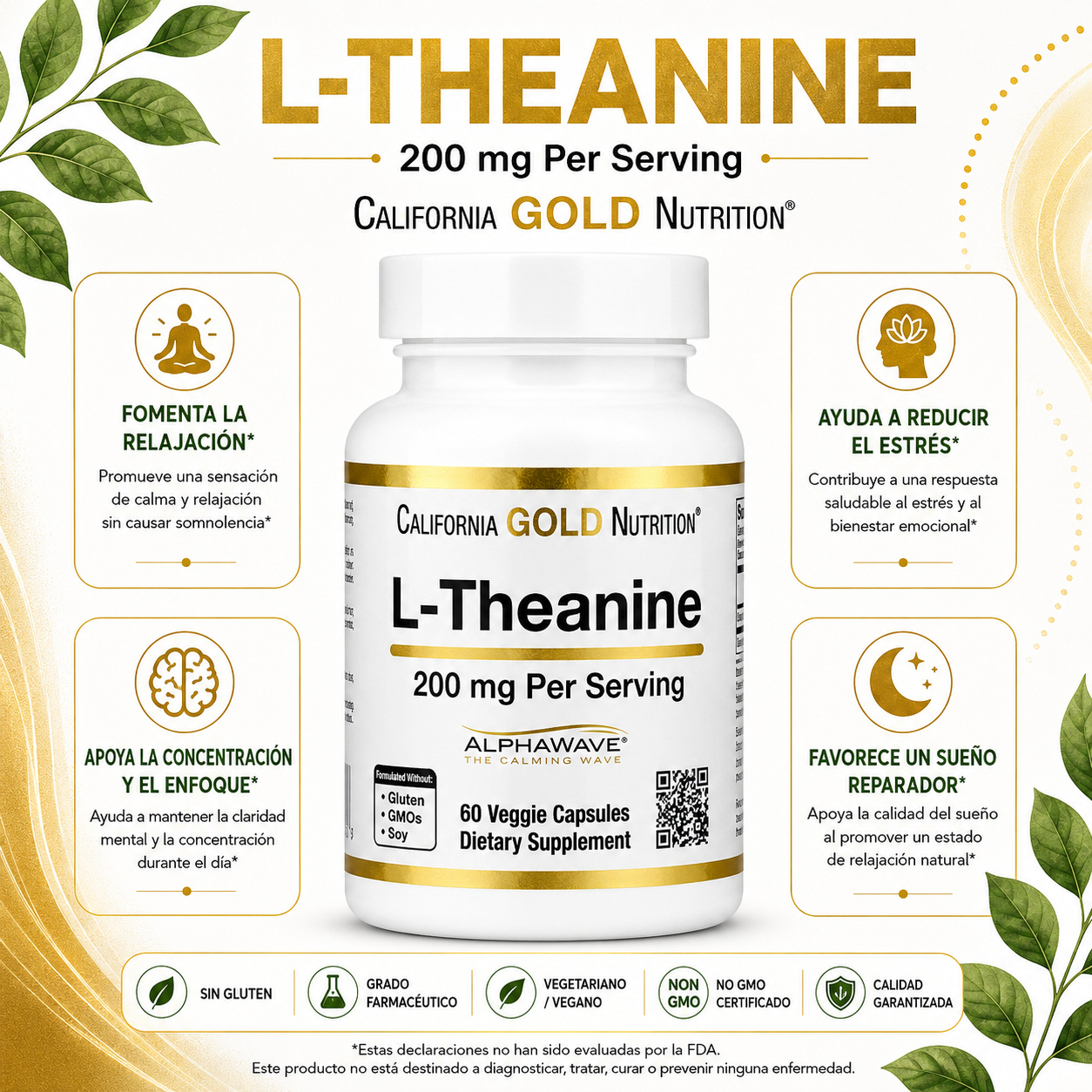 L-Teanina AlphaWave® 200 mg x 60 cápsulas vegetales - California Gold Nutrition