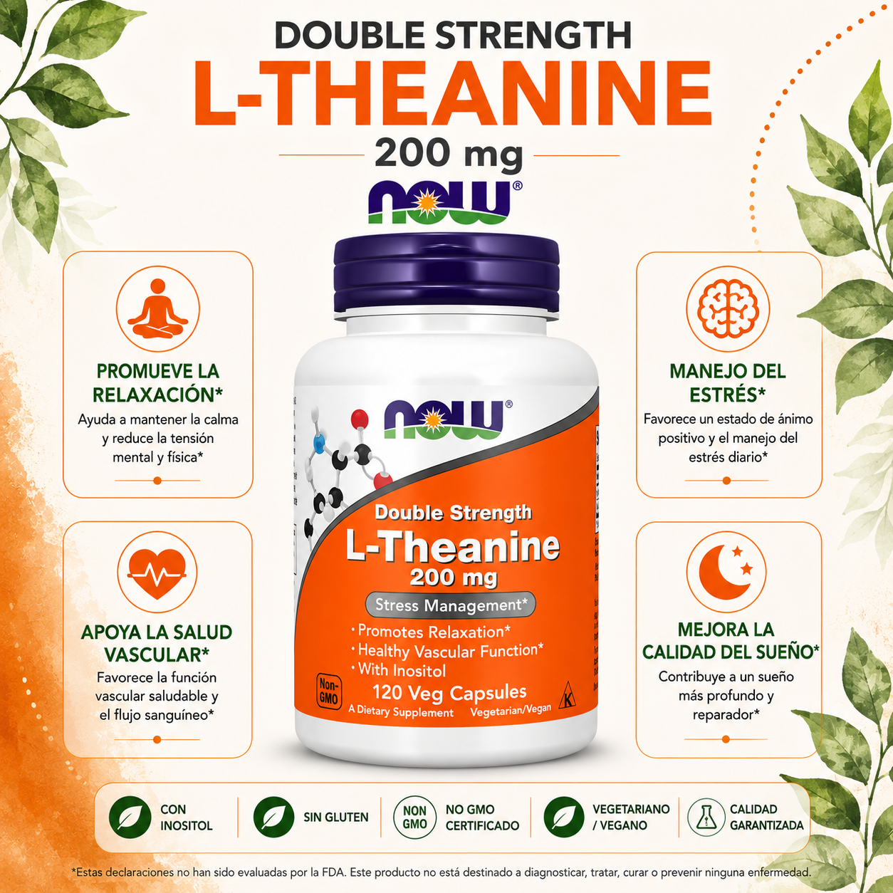 L-Teanina 200 mg x 120 cápsulas vegetales - NOW Foods