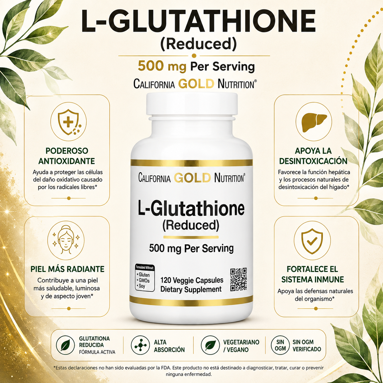 L-Glutatión reducido 500 mg x 120 cápsulas vegetales - California Gold Nutrition