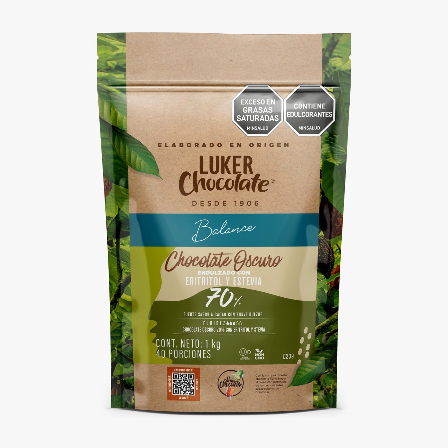 CHOCOLATE DE LECHE 70% ERITRITOL Y STEVIA  BALANCE EN MONEDA LUKER X 250GR