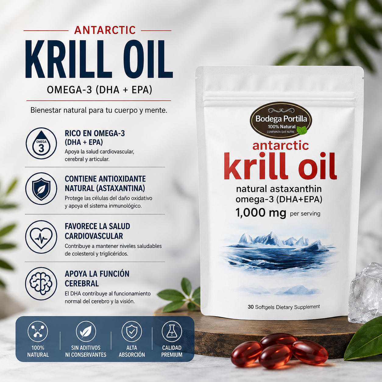 ACEITE DE KRILL ANTÁRTICO, 300 CAPSULAS (500 MG POR CAPSULAS)