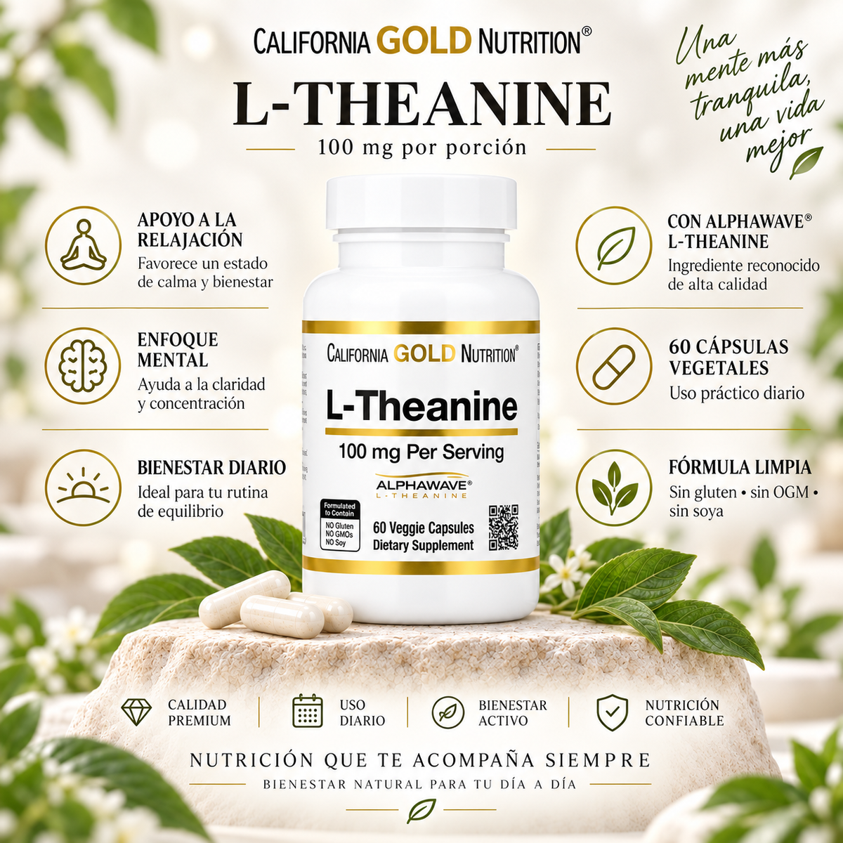 L-Teanina AlphaWave® 100 mg x 60 cápsulas vegetales - California Gold Nutrition
