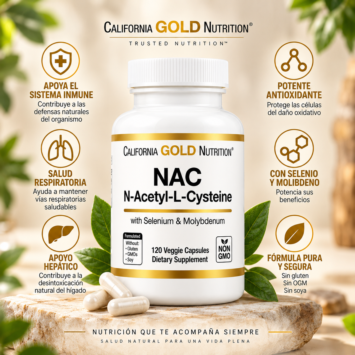NAC 600 mg con Selenio y Molibdeno x 120 cápsulas vegetales - California Gold Nutrition