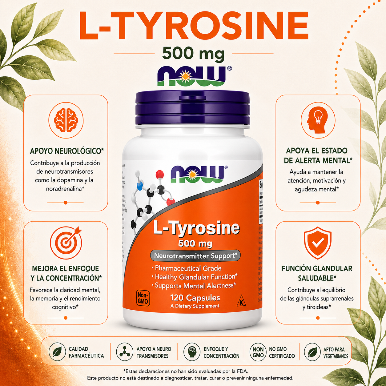 L-Tirosina 500 mg x 120 cápsulas - NOW Foods
