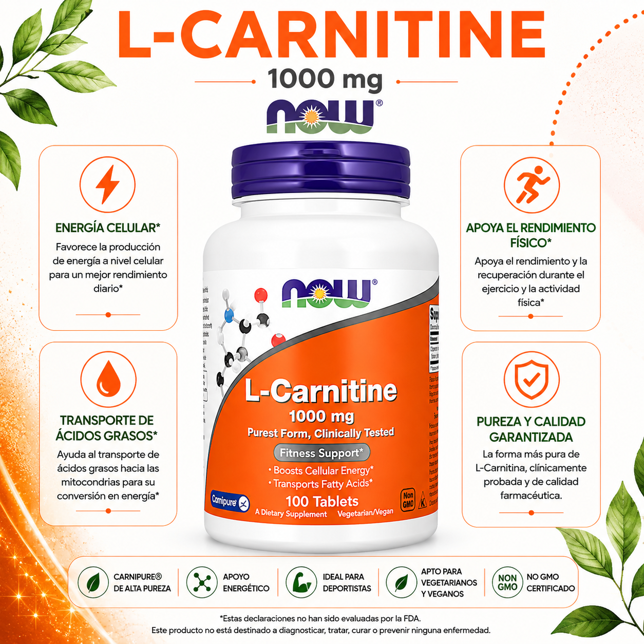 L-Carnitina Carnipure® 1.000 mg x 100 tabletas - NOW Foods