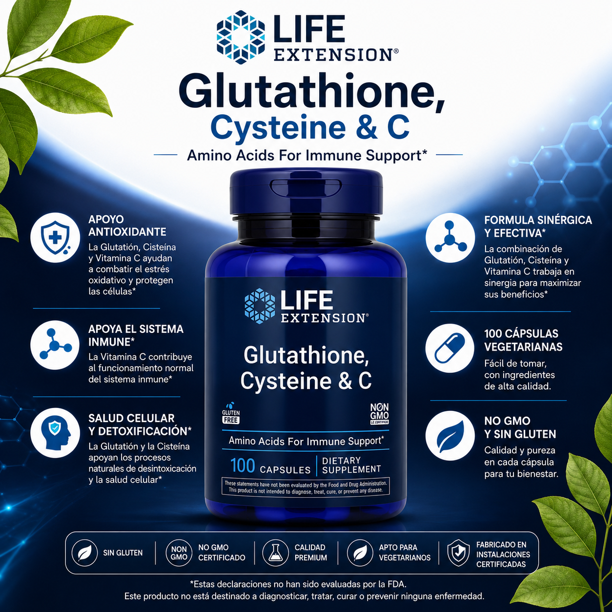 Glutatión + Cisteína + Vitamina C x 100 cápsulas - Life Extension