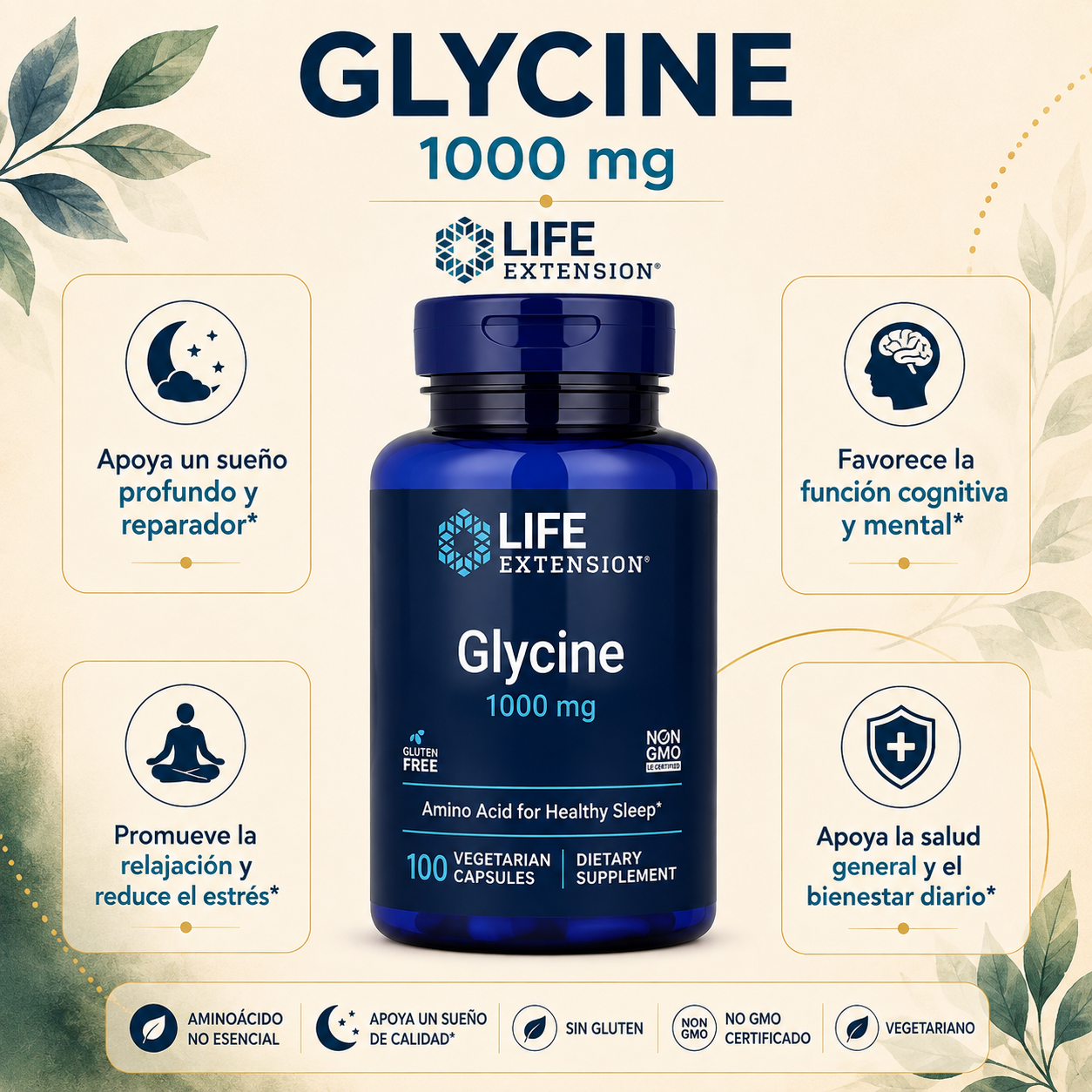 Glicina 1.000 mg x 100 cápsulas vegetarianas - Life Extension