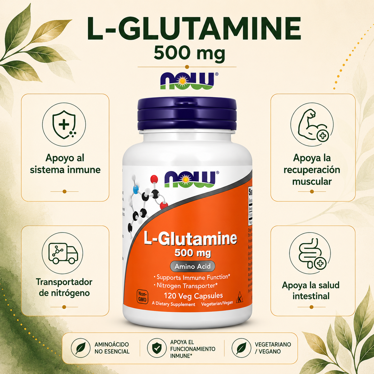 L-Glutamina 500 mg x 120 cápsulas vegetales - NOW Foods
