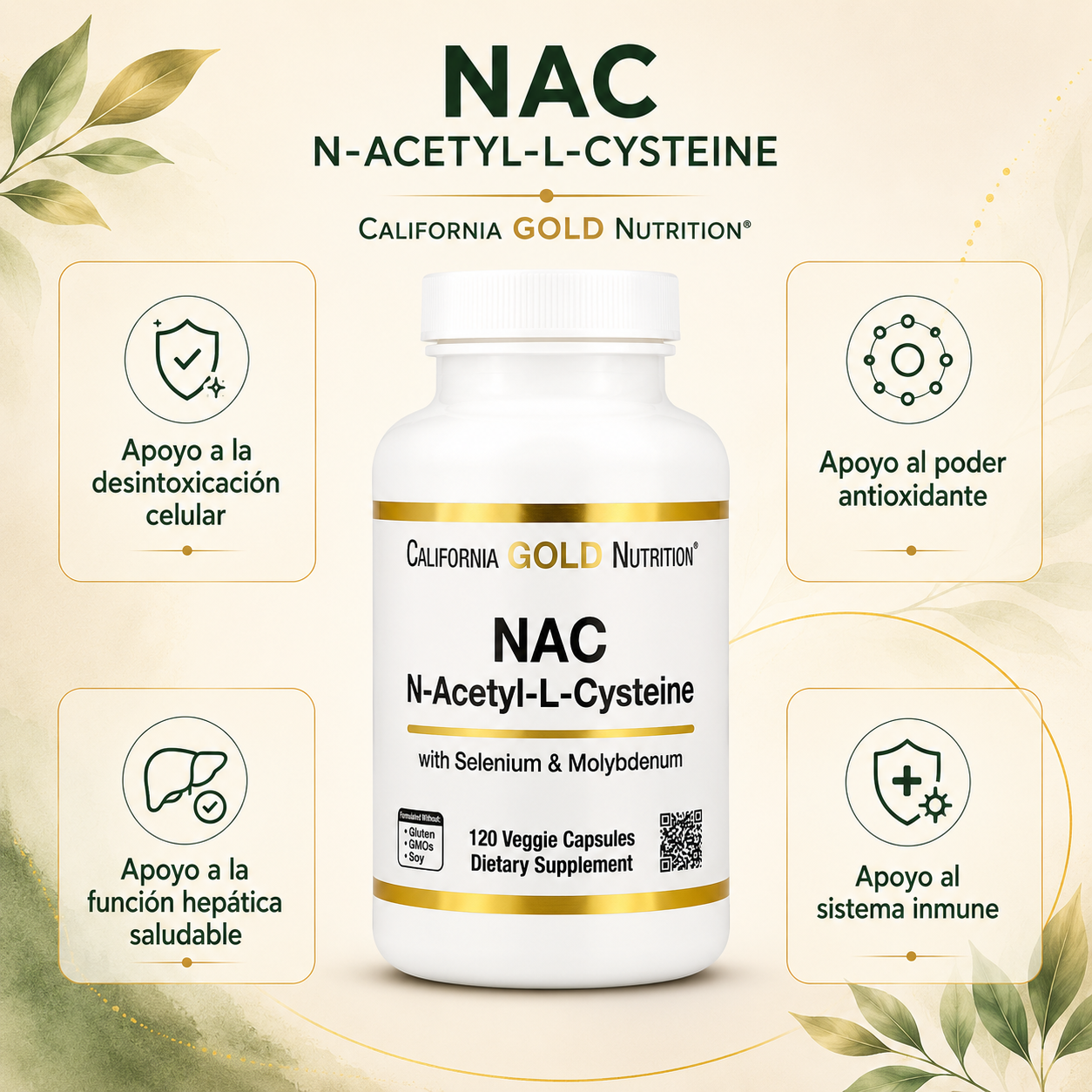 NAC 600 mg con Selenio y Molibdeno x 120 cápsulas vegetales - California Gold Nutrition