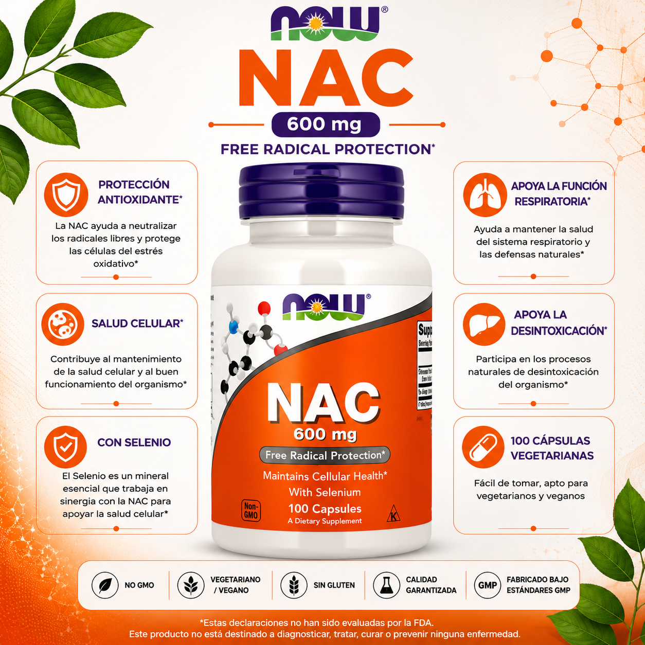 NAC 600 mg con Selenio x 100 cápsulas - NOW Foods