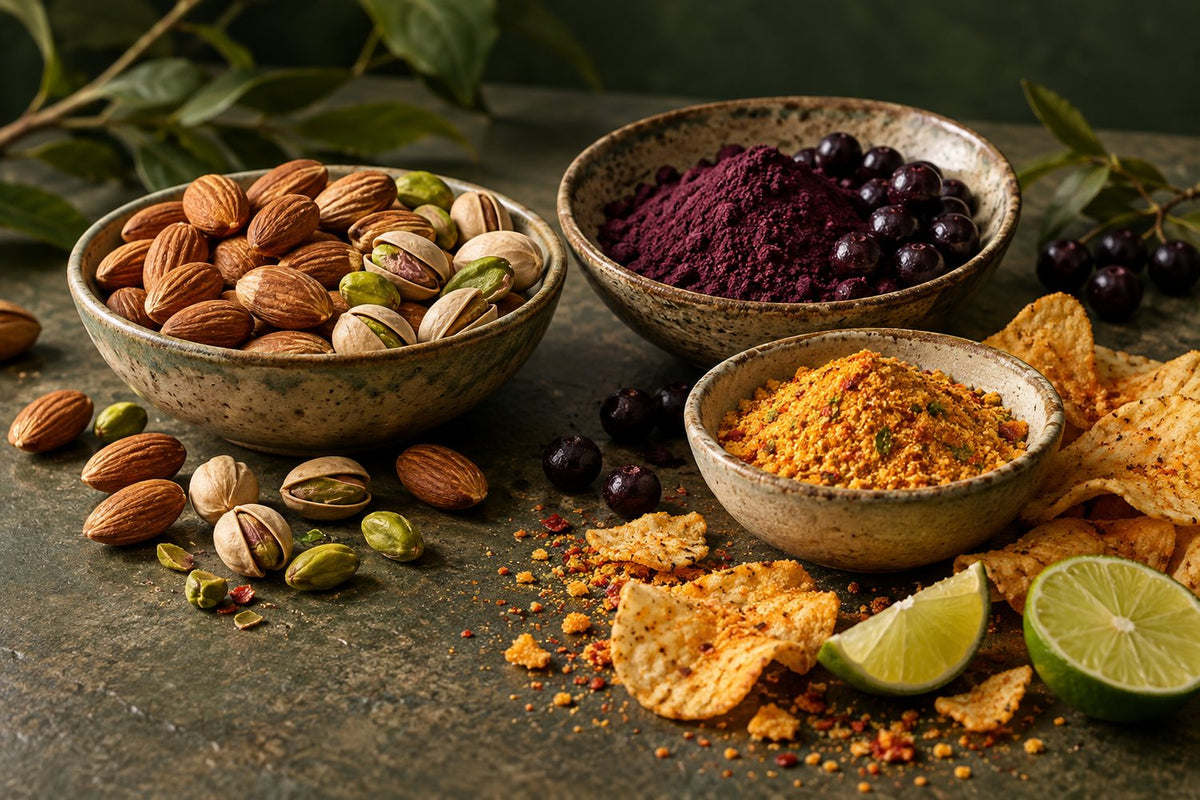 Frutos secos, açaí y condimentos para snacks