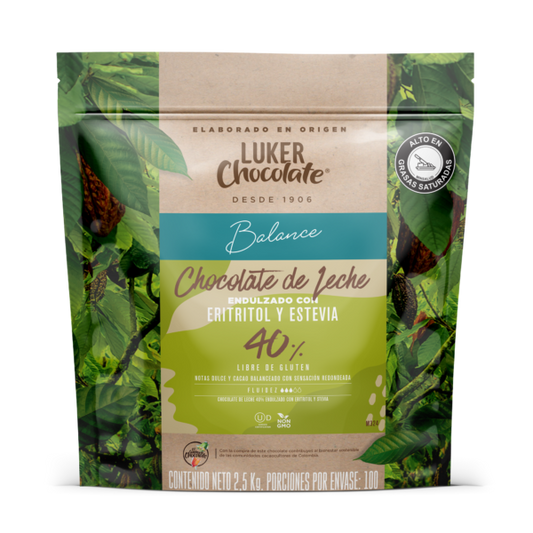 CHOCOLATE DE LECHE 40% ERITRITOL Y STEVIA  BALANCE EN MONEDA LUKER X 250GR